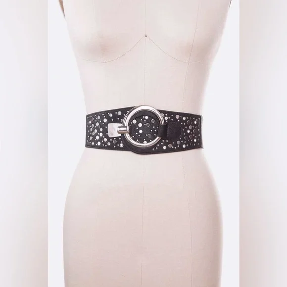 Black Vegan Leather Studded Elastic Accent Statement Belt - Picture 2 of 3